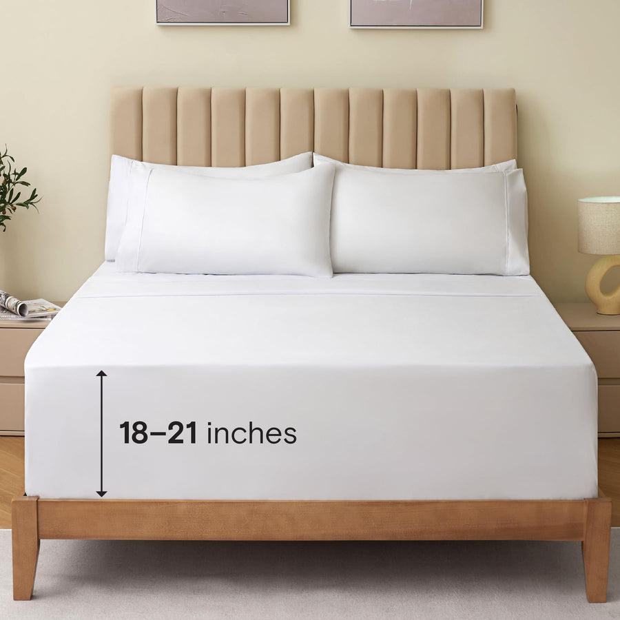a bed with a bed frame and a plant with text: '18-21 inches'