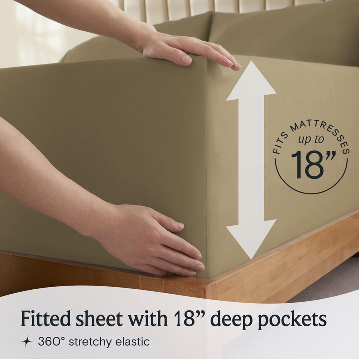 a person holding a mattress with text: 'RESSES FITS MA 18 Fitted sheet with 18" deep pockets 360º stretchy elastic'