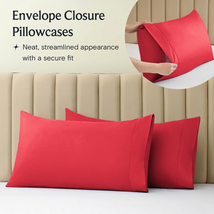 a red pillow cases on a bed with text: 'Envelope Closure Pillowcases Neat, streamlined appearance with a secure fit'