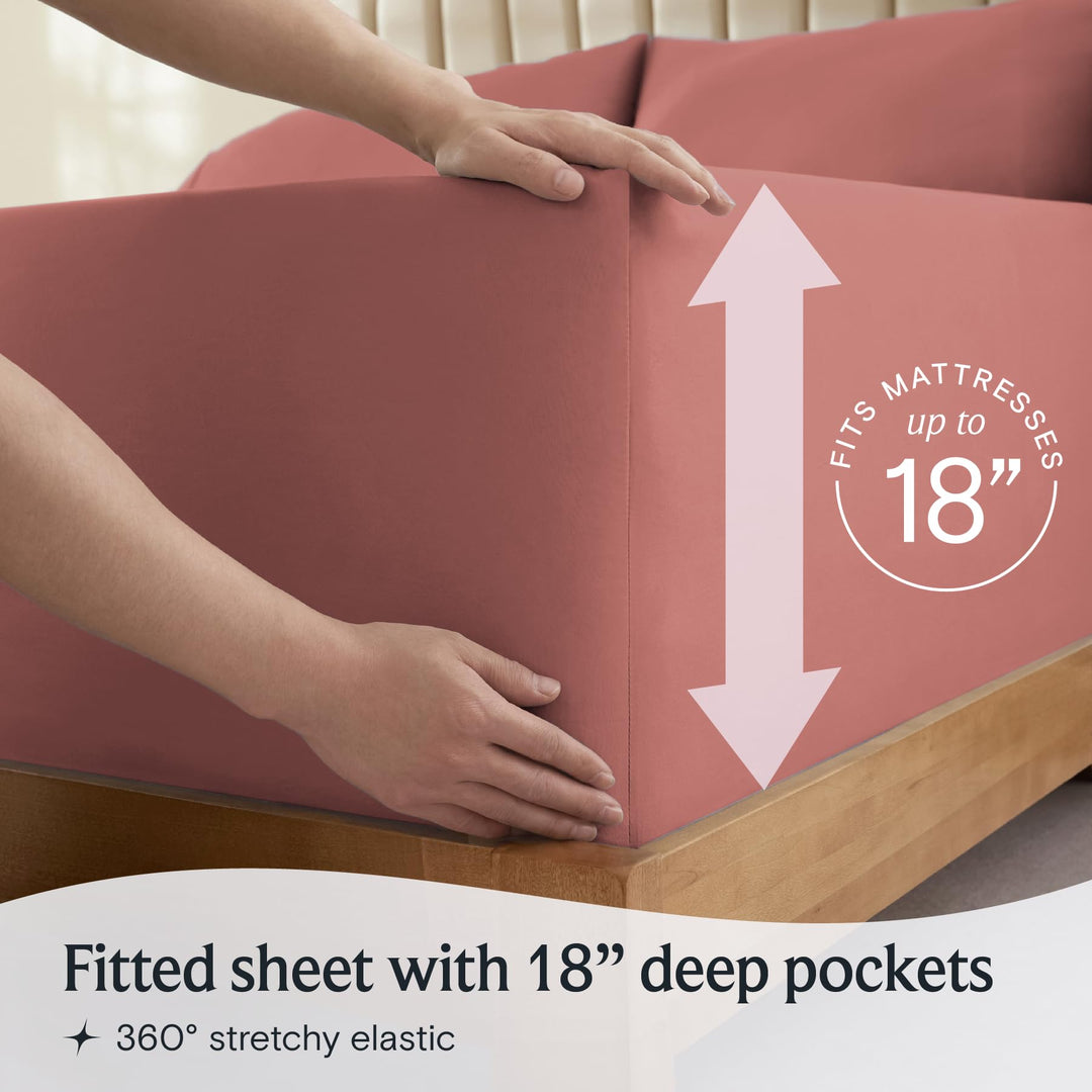 a person holding a mattress with text: 'MATTRESSES up to EITS 77 Fitted sheet with 18" deep pockets 360º stretchy elastic'