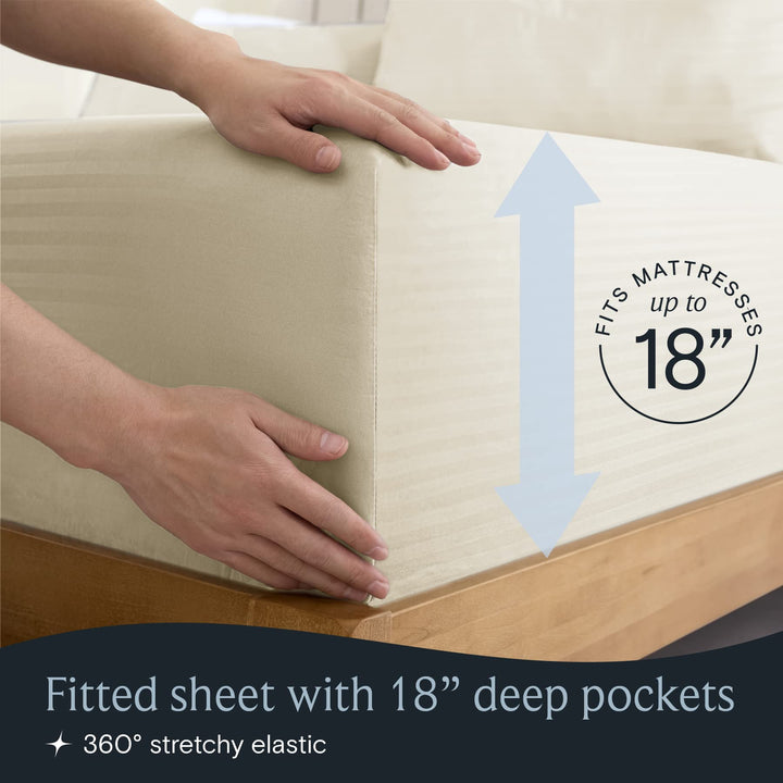 a person holding a mattress with text: 'RESSES FITS 18 Fitted sheet with deep pockets 360º stretchy elastic'