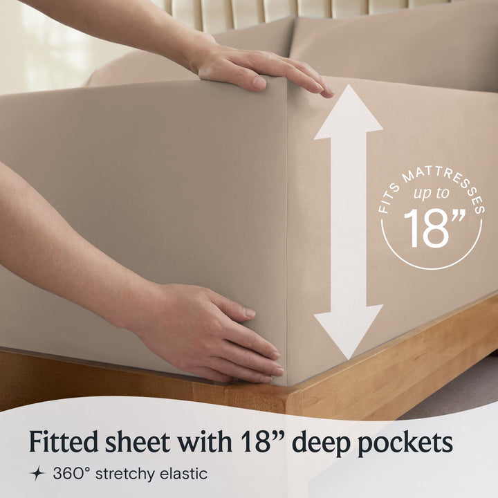 a person holding a mattress with text: 'FITS dn Fitted sheet with 18" deep pockets 360º stretchy elastic'
