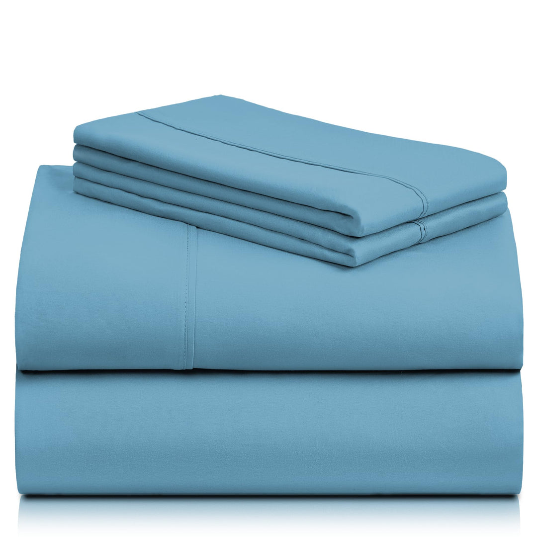 a stack of blue sheets