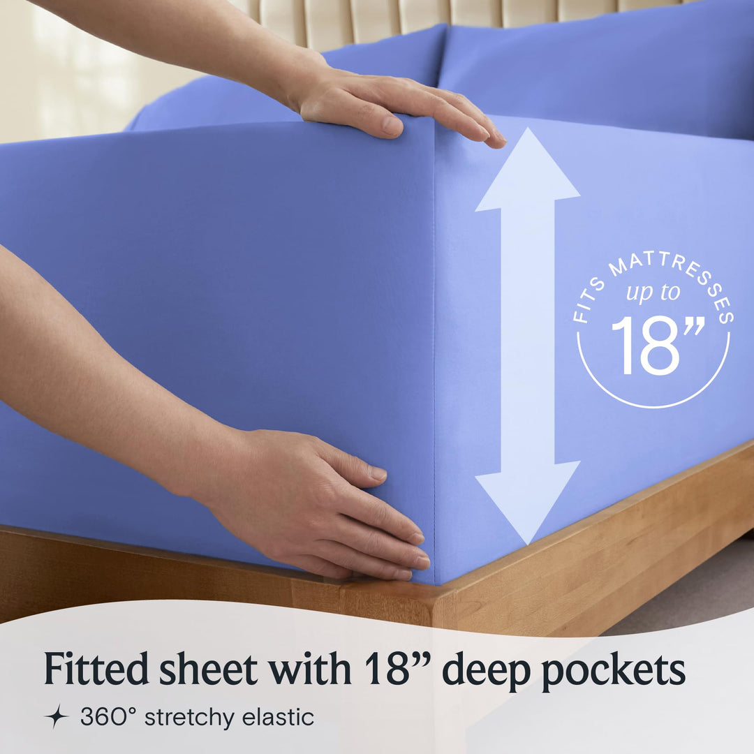 a person holding a mattress with text: 'MATTRESSES up 18 Fitted sheet with 18" deep pockets 360º stretchy elastic'