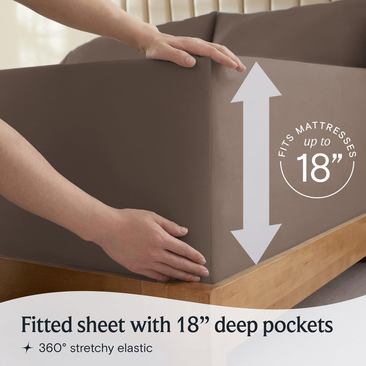 a person holding a mattress with text: 'RESSES up to FITS Fitted sheet with 18" deep pockets 360º stretchy elastic'