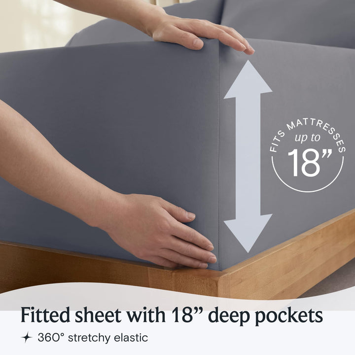 a person holding a mattress with text: 'RESSES FITS 18 Fitted sheet with 18" deep pockets 360º stretchy elastic'