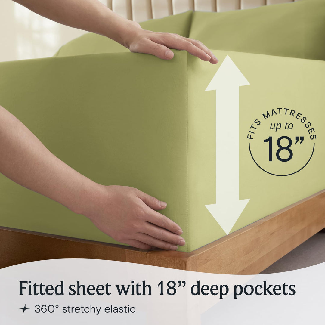 a person holding a mattress with text: 'RESSES FITS 18 Fitted sheet with 18" deep pockets 360º stretchy elastic'