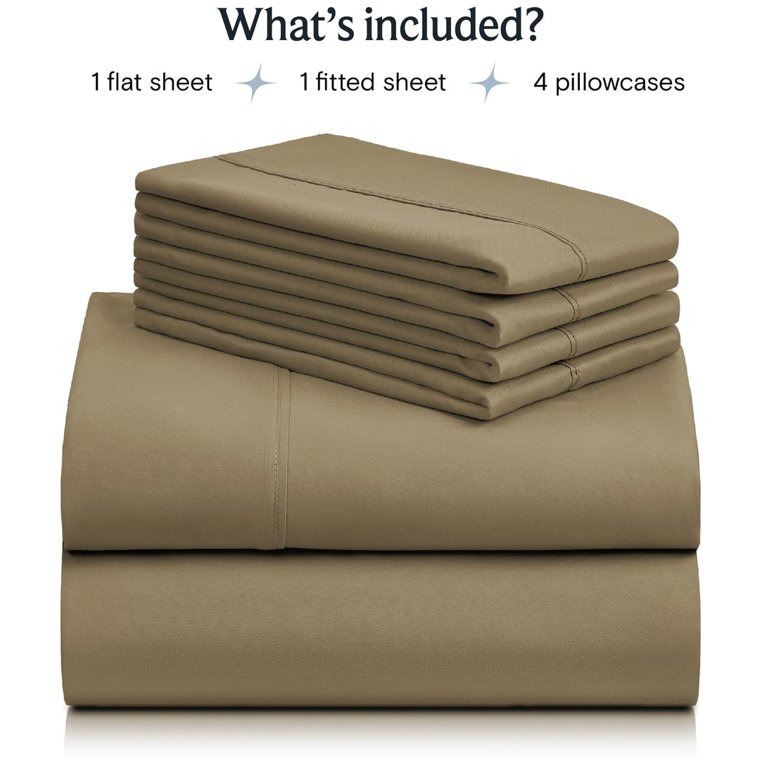 a stack of folded sheets with text: 'What's included? 1 flat sheet 1 fitted sheet 4 pillowcases'