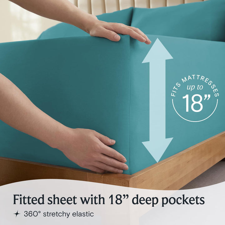 a person holding a mattress with text: 'RESSES FITS dn Fitted sheet with 18" deep pockets 360º stretchy elastic'
