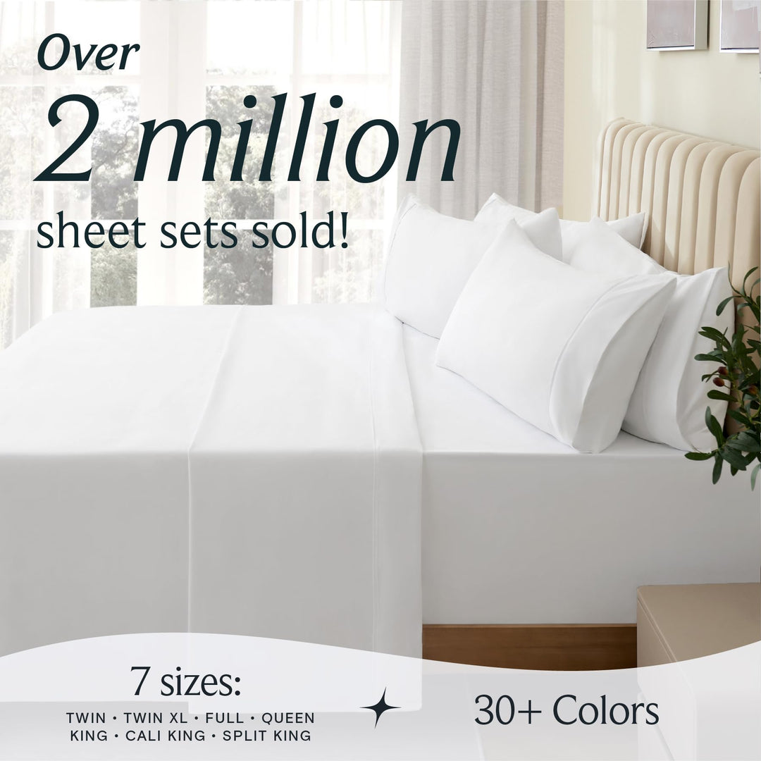 a bed with white sheets and a plant with text: 'Over 2 million sheet sets sold! 7 sizes: 30+ Colors TWIN TWIN XL FULL QUEEN KING CALI KING SPLIT KING'