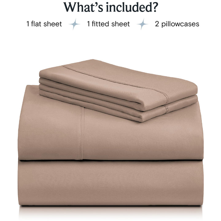 a stack of folded sheets with text: 'What's included? 1 flat sheet 1 fitted sheet 2 pillowcases'