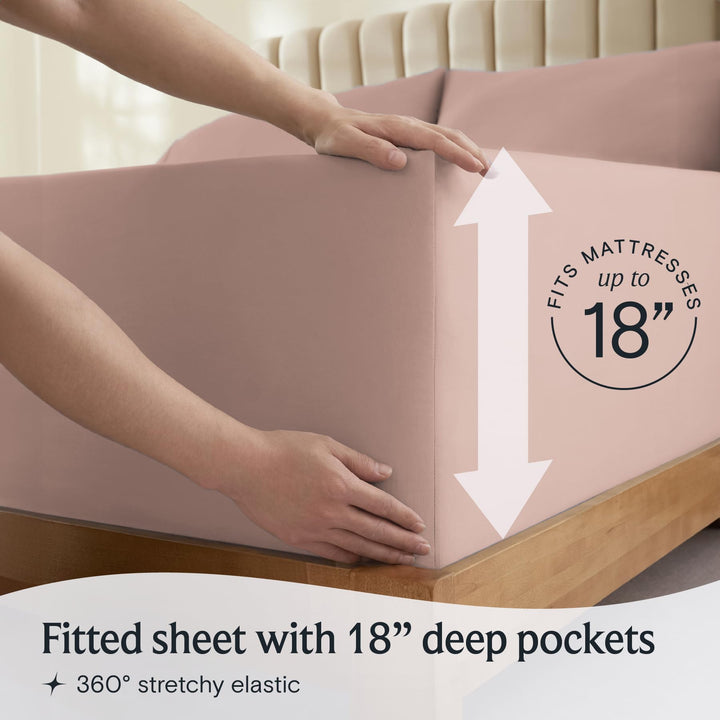 a person holding a mattress with text: 'RESSES FITS M 18 Fitted sheet with 18" deep pockets 360º stretchy elastic'