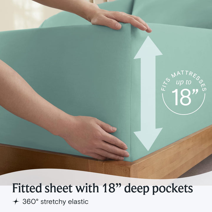 a person holding a mattress with text: 'RESSES FITS M Fitted sheet with 18" deep pockets 360º stretchy elastic'