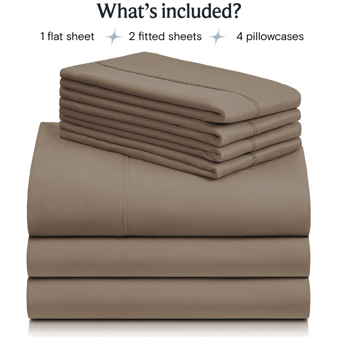 a stack of brown sheets with text: 'What's included? 1 flat sheet 2 fitted sheets 4 pillowcases'