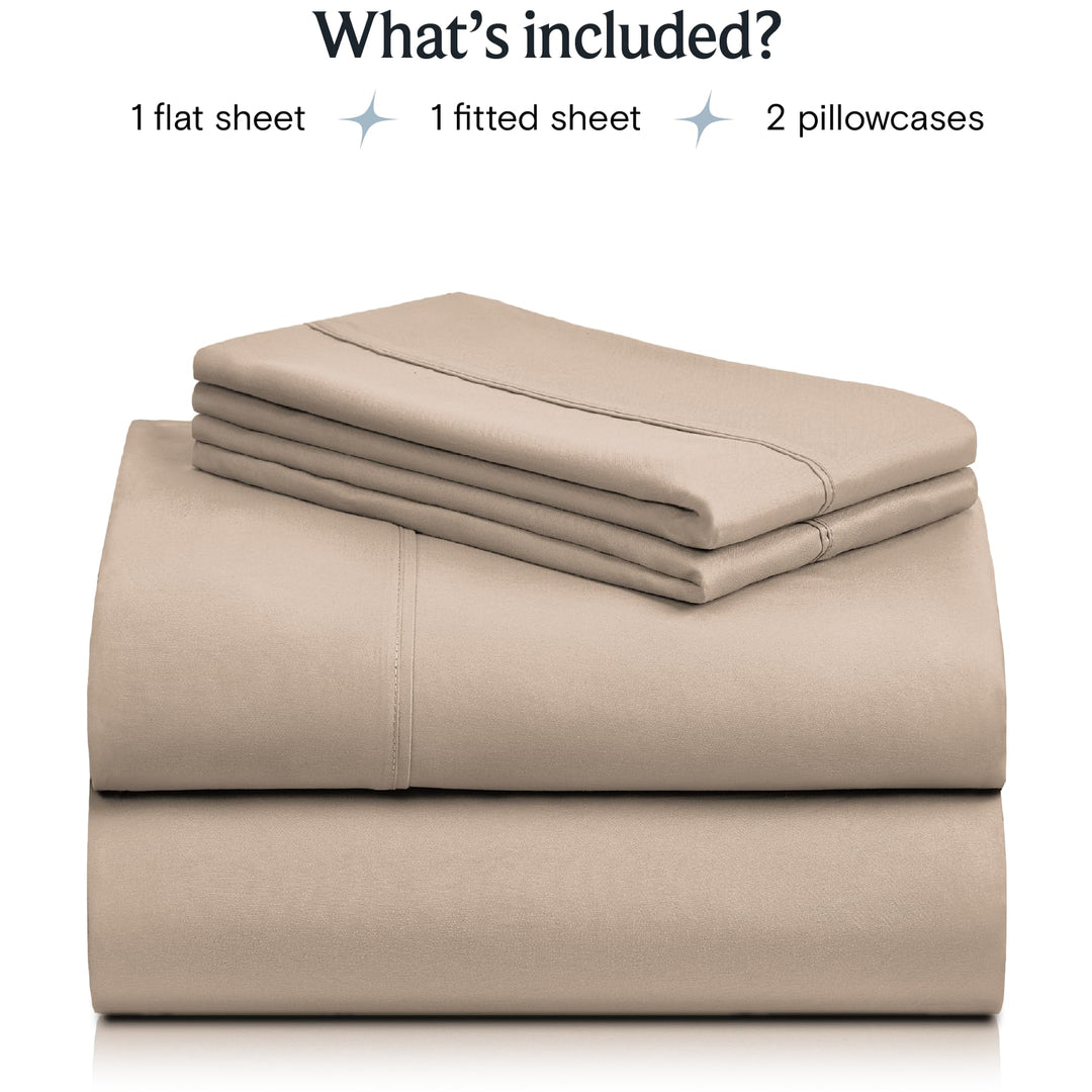 a stack of folded sheets with text: 'What's included? 1 flat sheet 1 fitted sheet 2 pillowcases'