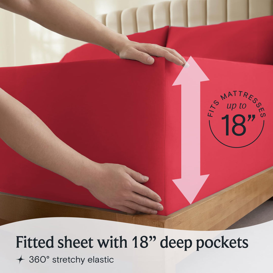 a person holding a mattress with text: 'MATTRESSES up to 18 Fitted sheet with 18" deep pockets 360º stretchy elastic'
