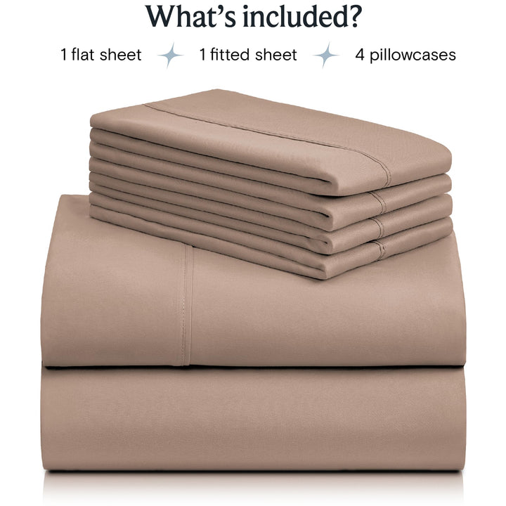 a stack of folded sheets with text: 'What's included? 1 flat sheet 1 fitted sheet 4 pillowcases'