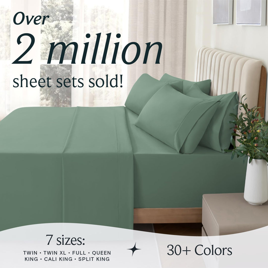 a bed with green sheets and a plant in a vase with text: 'Over 2 million sheet sets sold! 7 sizes: 30+ Colors TWIN TWIN XL FULL QUEEN KING CALI KING . SPLIT KING'