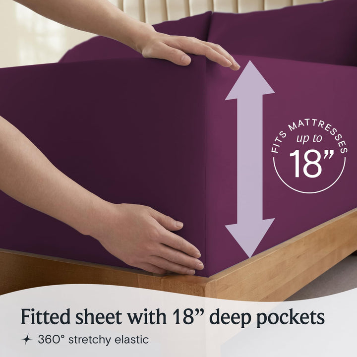 a person holding a purple sheet with white arrows with text: 'RESSES up to FITS Fitted sheet with 18" deep pockets 360º stretchy elastic'