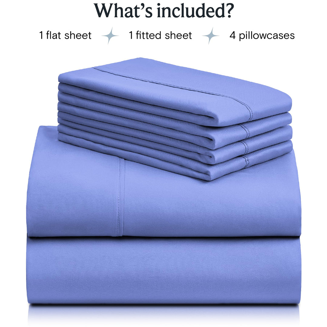 a stack of blue sheets with text: 'What's included? 1 flat sheet 1 fitted sheet 4 pillowcases'