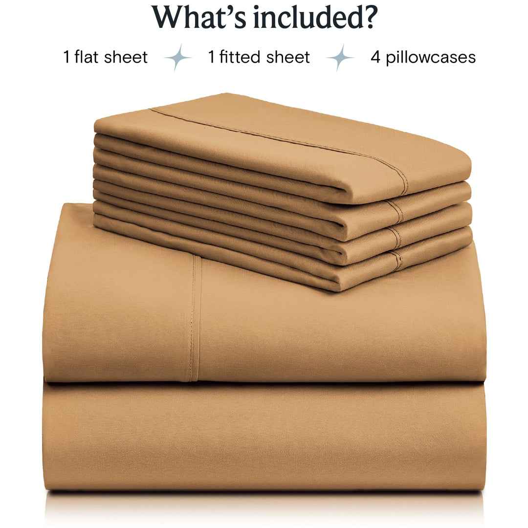 a stack of brown sheets with text: 'What's included? 1 flat sheet 1 fitted sheet 4 pillowcases'