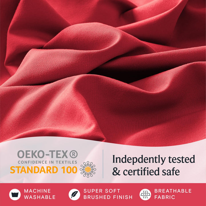 a close up of a red fabric with text: 'OEKO-TEX Indepdently tested CONFIDENCE IN TEXTILES STANDARD 100 & certified safe MACHINE SUPER SOFT BREATHABLE WASHABLE BRUSHED FINISH FABRIC'