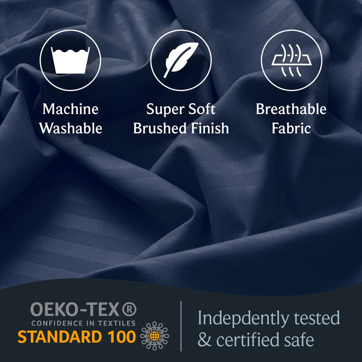 a close up of a fabric with text: 'Machine Super Soft Breathable Washable Brushed Finish Fabric OEKO-TEX Indepdently tested CONFIDENCE IN TEXTILES STANDARD 100 & certified safe'