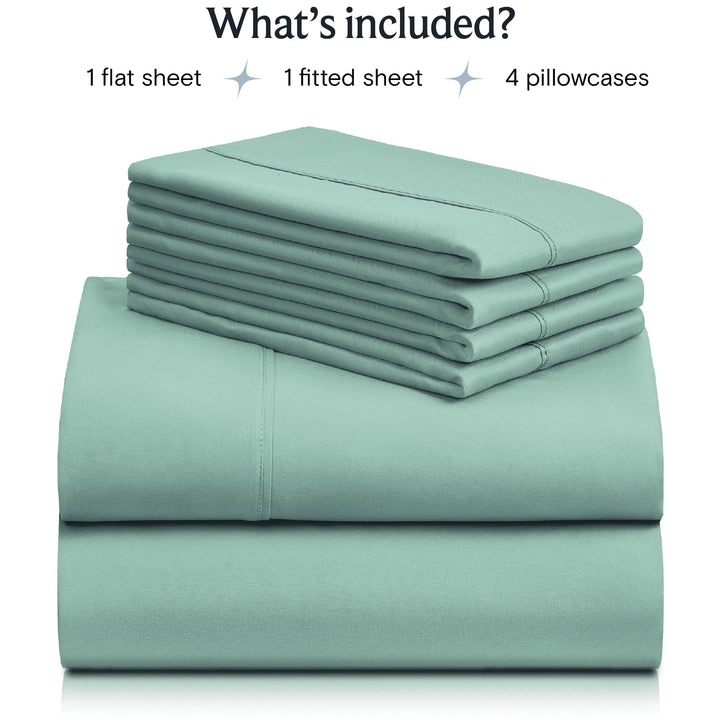 a stack of folded sheets with text: 'What's included? 1 flat sheet 1 fitted sheet 4 pillowcases'