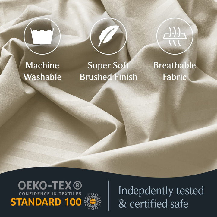 a close up of a fabric with text: 'Machine Super Soft Breathable Washable Brushed Finish Fabric OEKO-TEX Indepdently tested CONFIDENCE IN TEXTILES STANDARD 100 & certified safe'