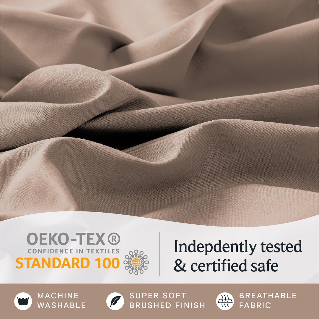 a close up of a fabric with text: 'OEKO-TEX Indepdently tested CONFIDENCE IN TEXTILES STANDARD 100 & certified safe MACHINE SUPER SOFT BREATHABLE WASHABLE BRUSHED FINISH FABRIC'