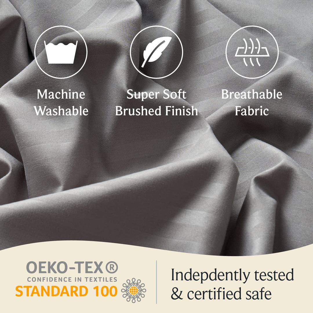 a close up of a fabric with text: 'Machine Super Soft Breathable Washable Brushed Finish Fabric OEKO-TEX Indepdently tested CONFIDENCE IN TEXTILES STANDARD 100 & certified safe'