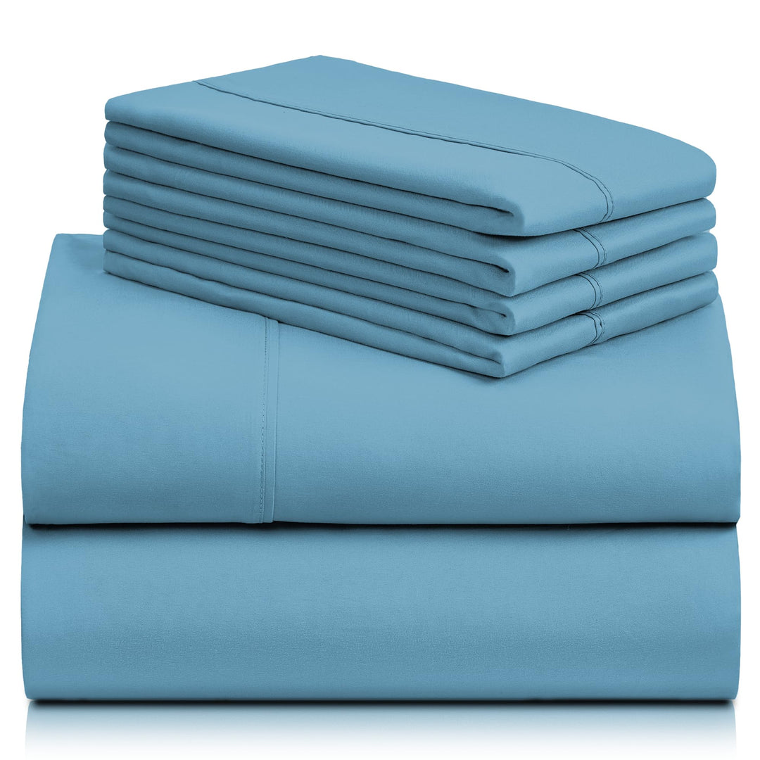 a stack of blue sheets