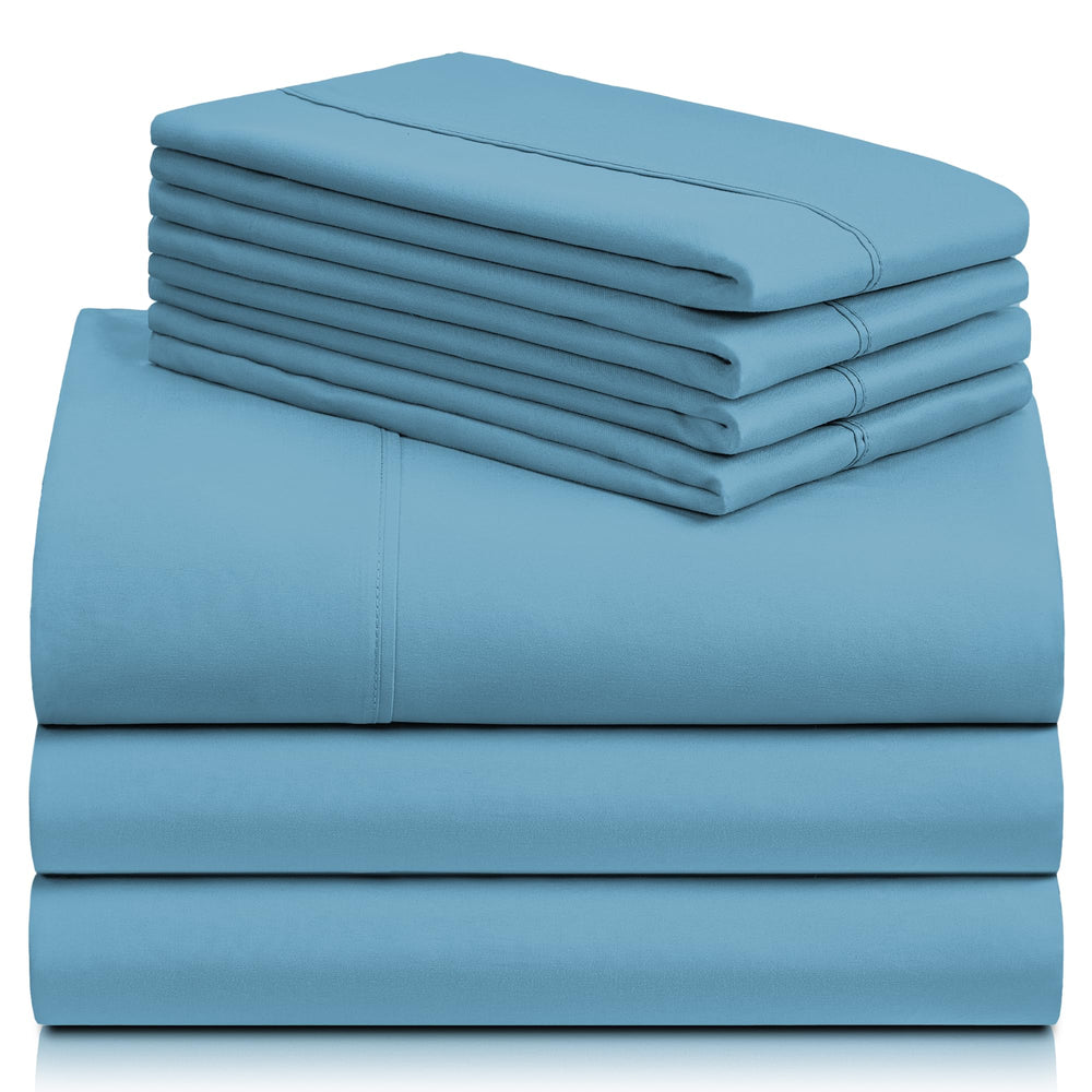 a stack of blue sheets