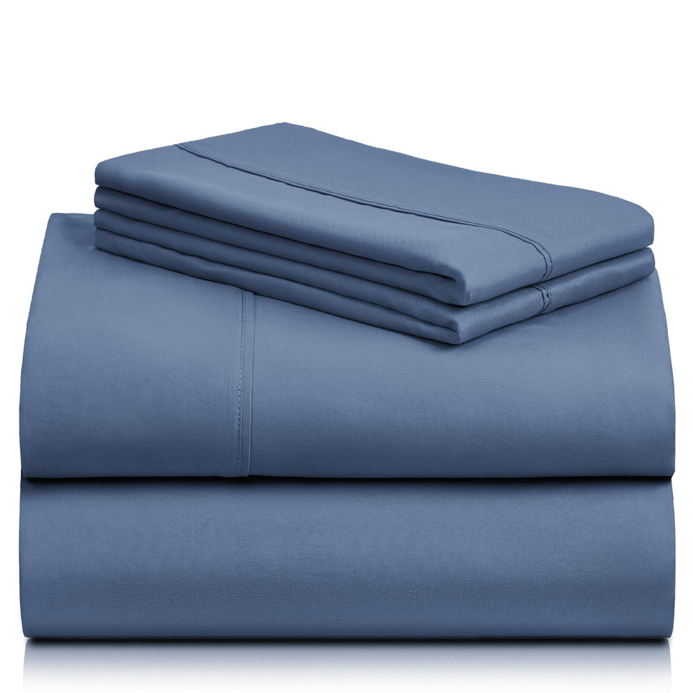 a stack of blue sheets